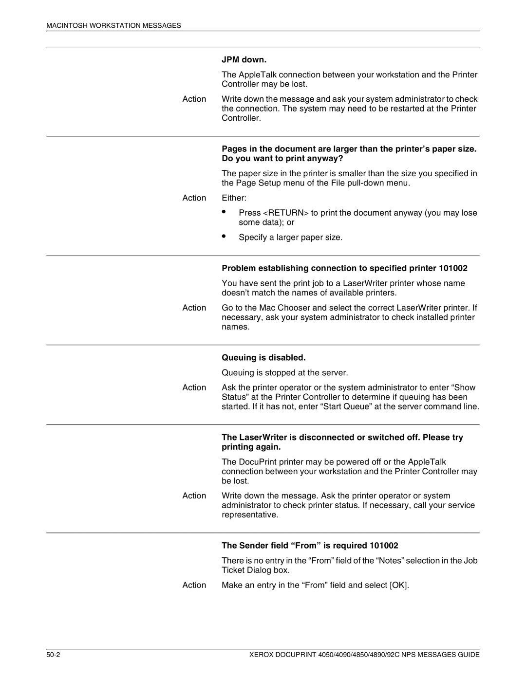 Xerox 4850 NPS manual JPM down, Problem establishing connection to specified printer, Queuing is disabled, Printing again 