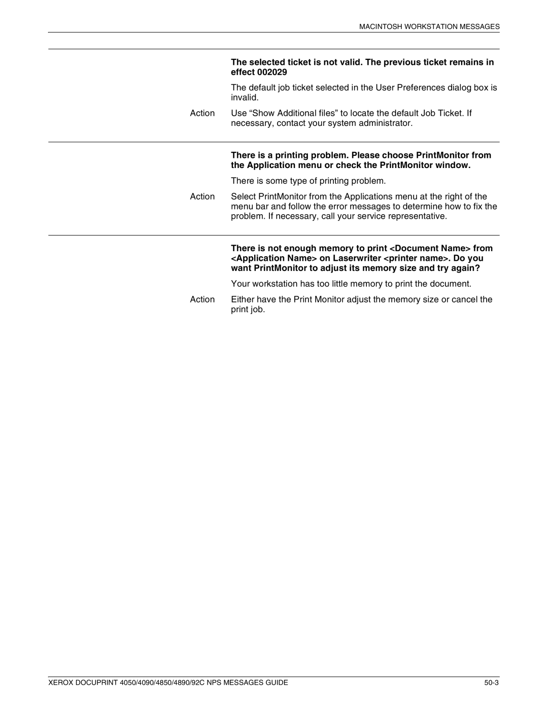 Xerox 4050 NPS, 4090 NPS, 4890 NPS, 4850 NPS manual Selected ticket is not valid. The previous ticket remains, Effect 