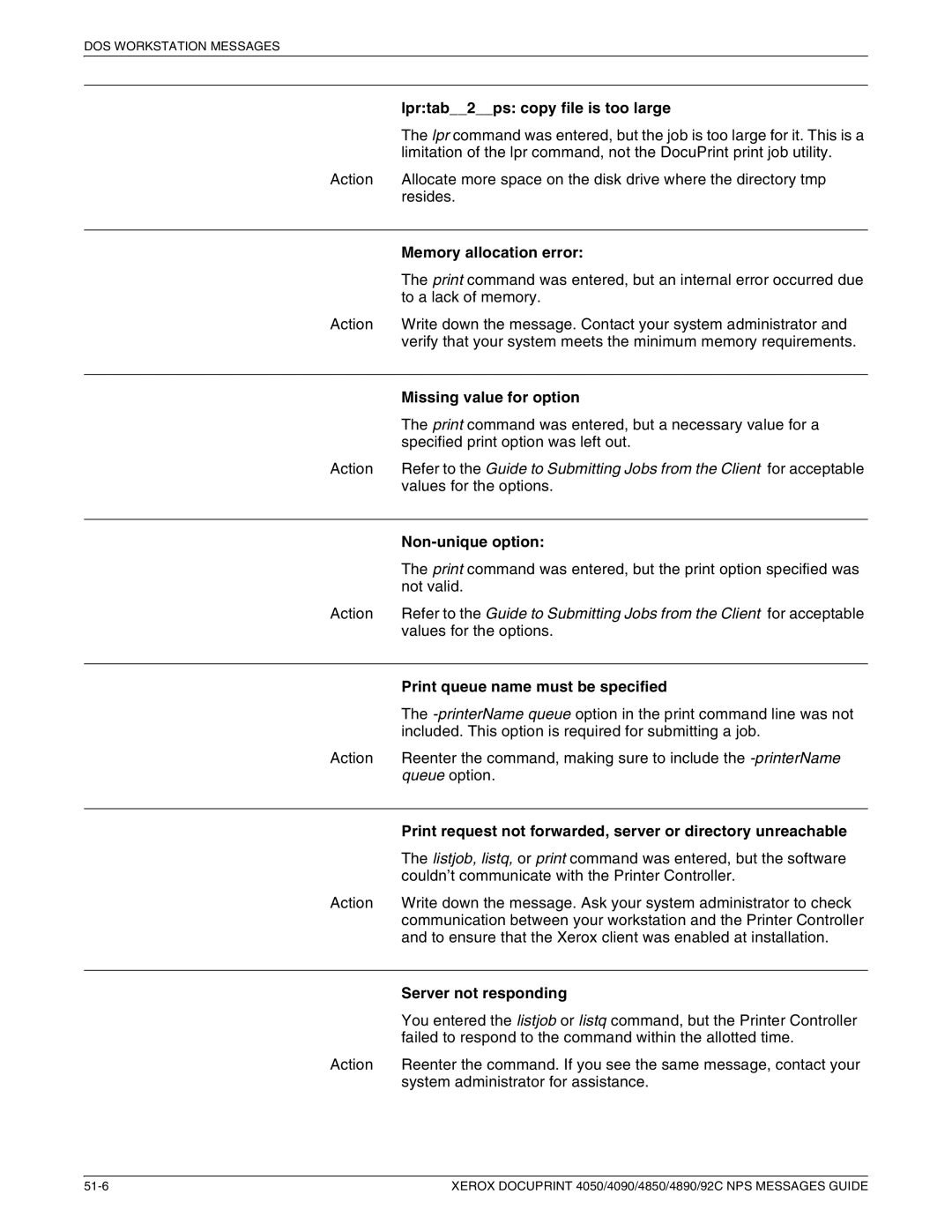 Xerox 4850 NPS Lprtab2ps copy file is too large, Memory allocation error, Missing value for option, Non-unique option 