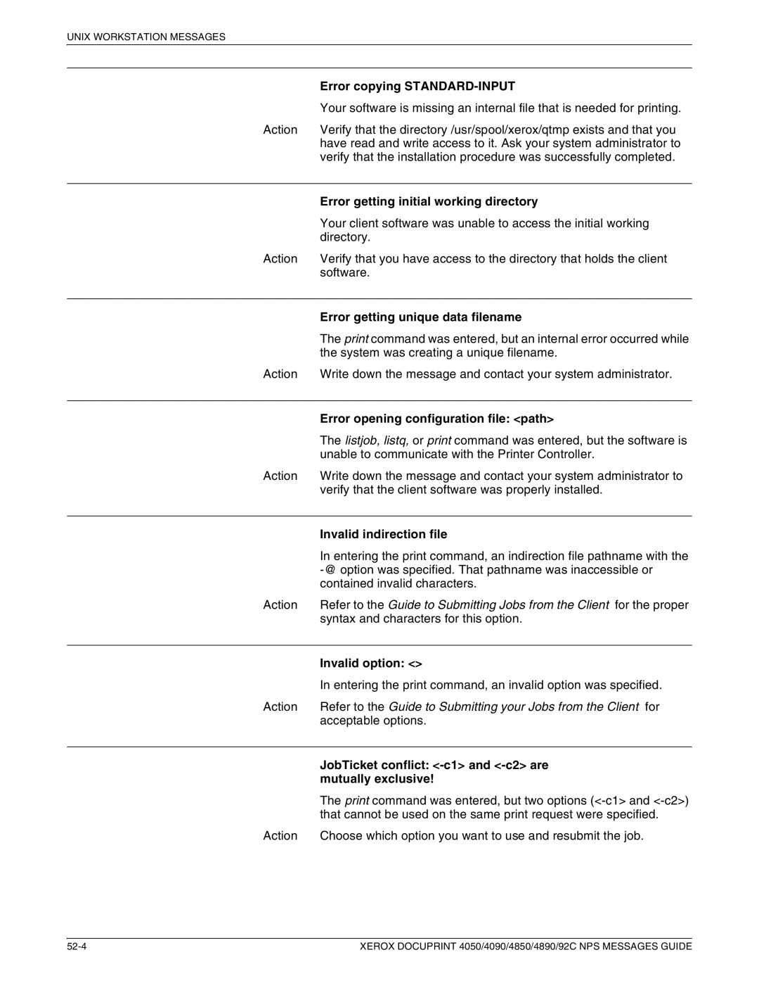 Xerox 4090 NPS, 4890 NPS, 4850 NPS, 4050 NPS manual Entering the print command, an invalid option was specified 