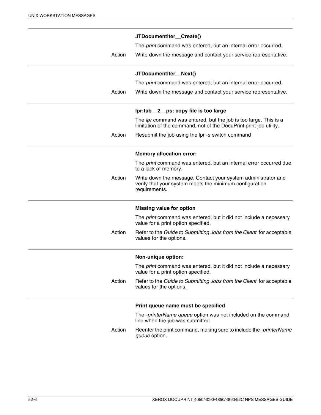 Xerox 4850 NPS, 4090 NPS, 4890 NPS, 4050 NPS manual Lpr command was entered, but the job is too large. This is a 