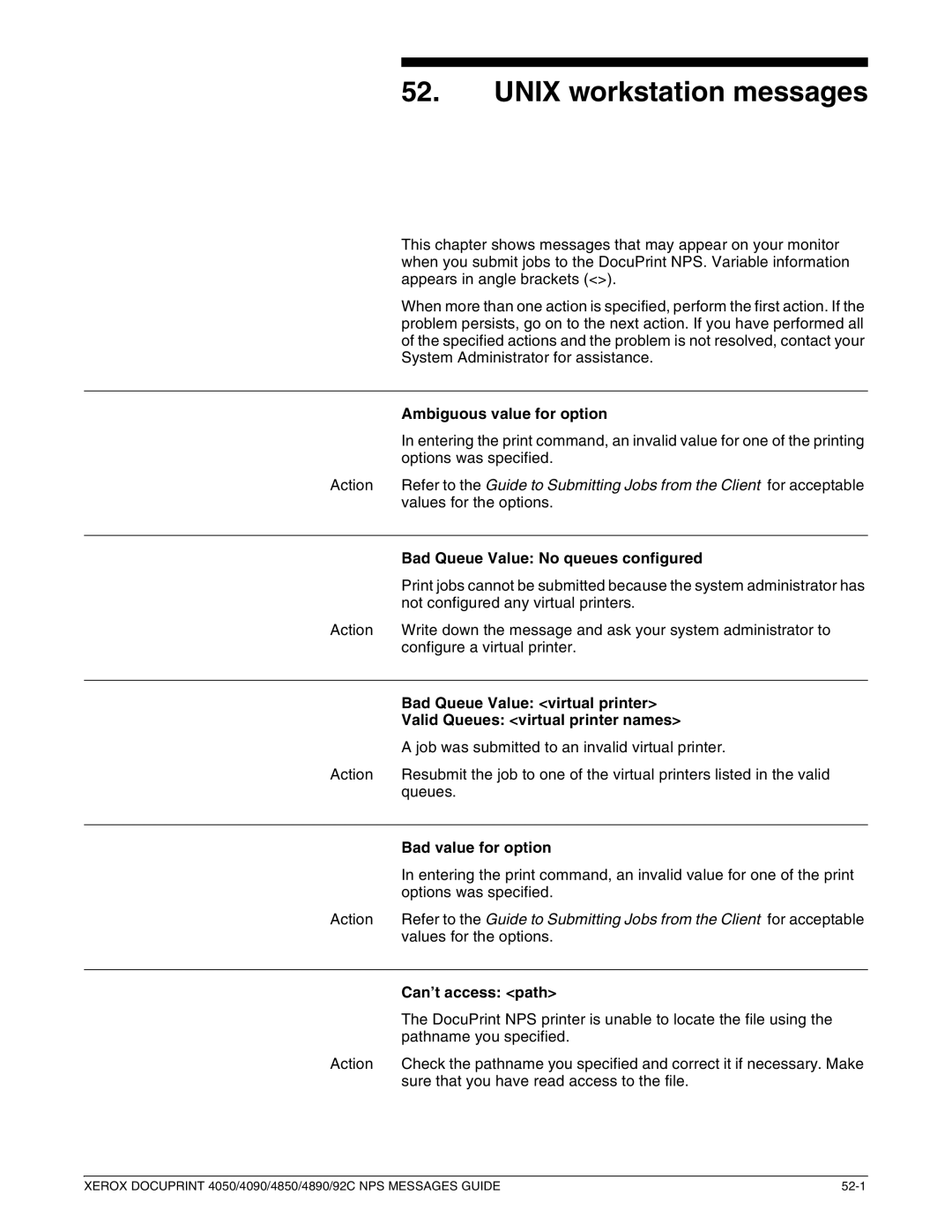 Xerox 4890 NPS, 4090 NPS, 4850 NPS, 4050 NPS manual Unix workstation messages 