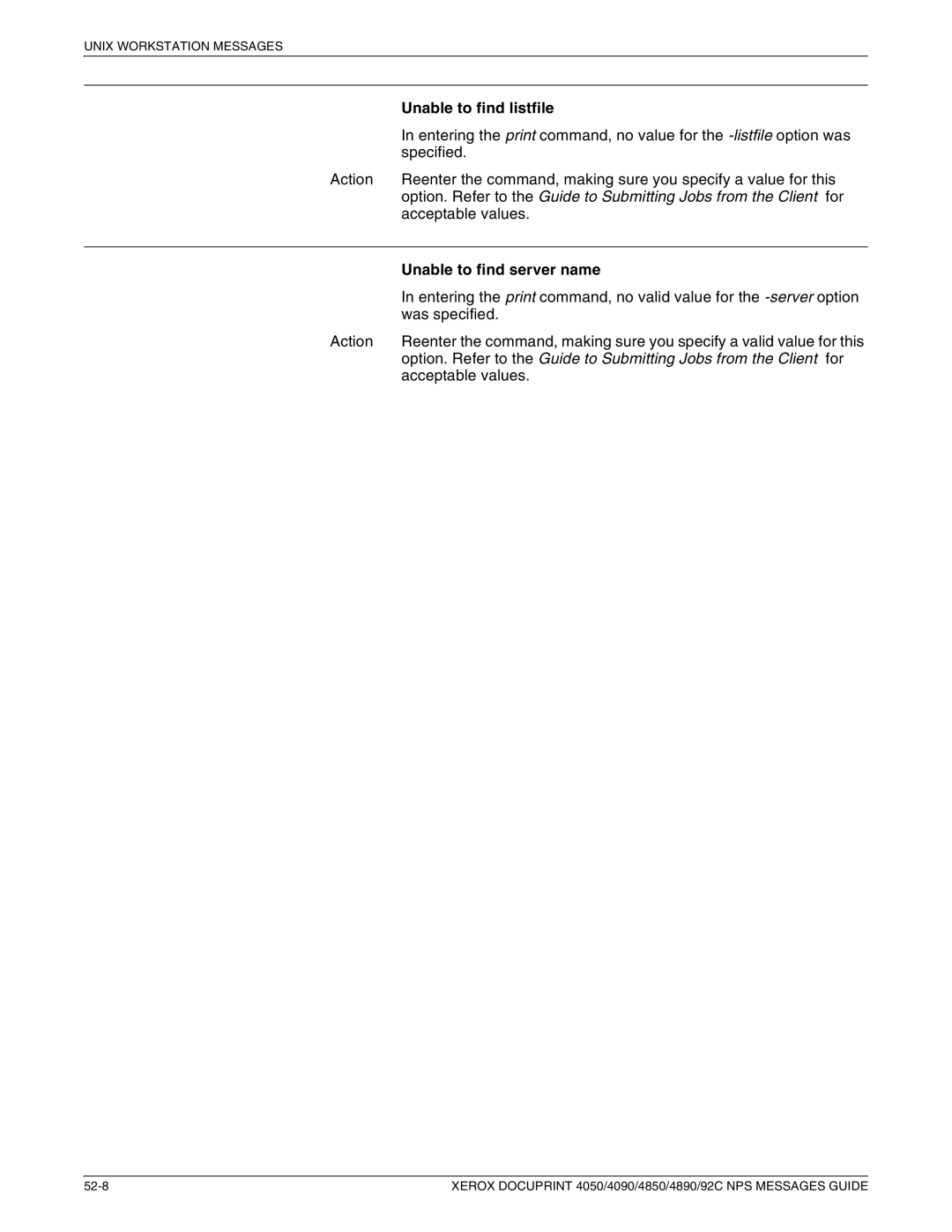 Xerox 4090 NPS, 4890 NPS, 4850 NPS, 4050 NPS manual Unable to find listfile 