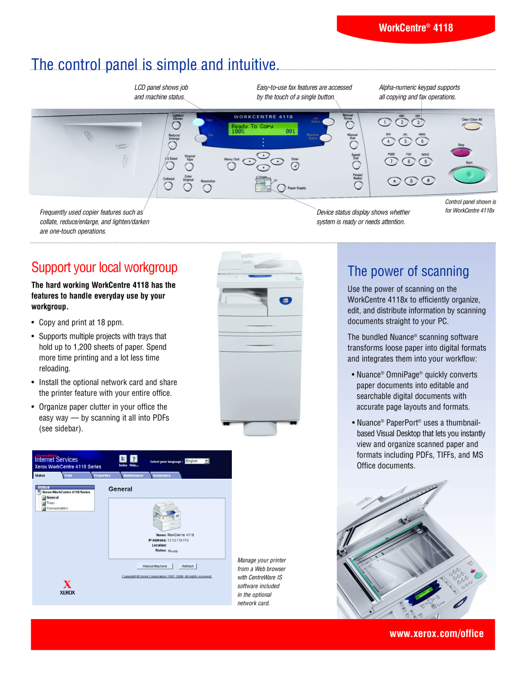 Xerox 4118 The control panel is simple and intuitive, Support your local workgroup, The power of scanning, WorkCentre 