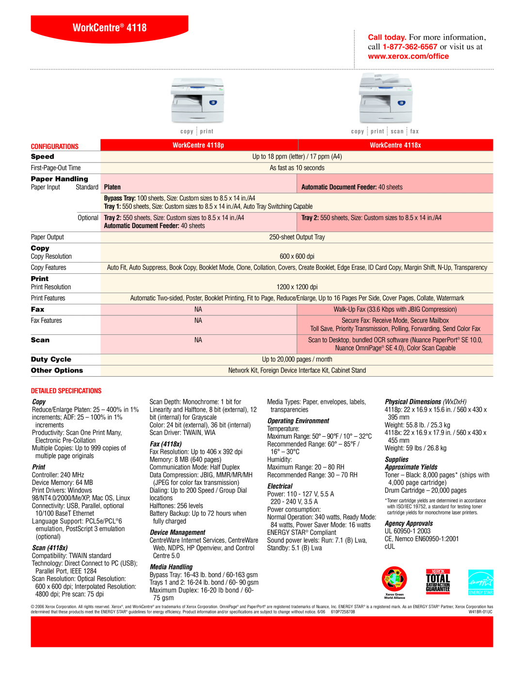 Xerox manual Configurations, WorkCentre 4118p, Detailed Specifications 