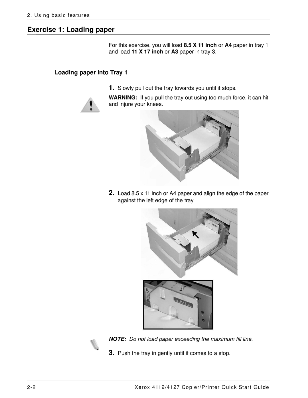 Xerox 4127, 4112 quick start Exercise 1 Loading paper, Loading paper into Tray 