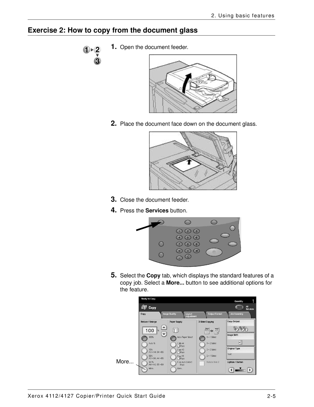 Xerox 4112, 4127 quick start Exercise 2 How to copy from the document glass 