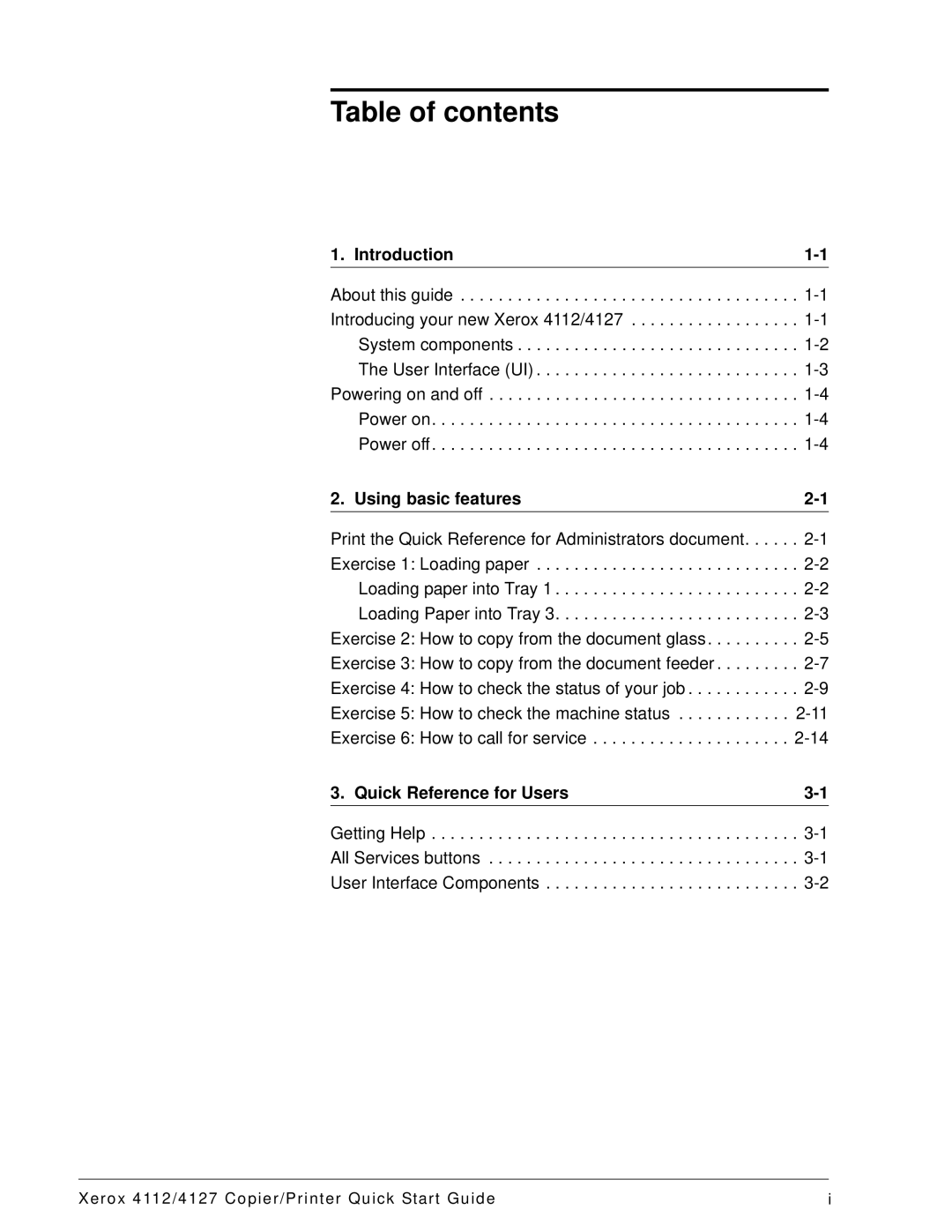 Xerox 4112, 4127 quick start Table of contents 