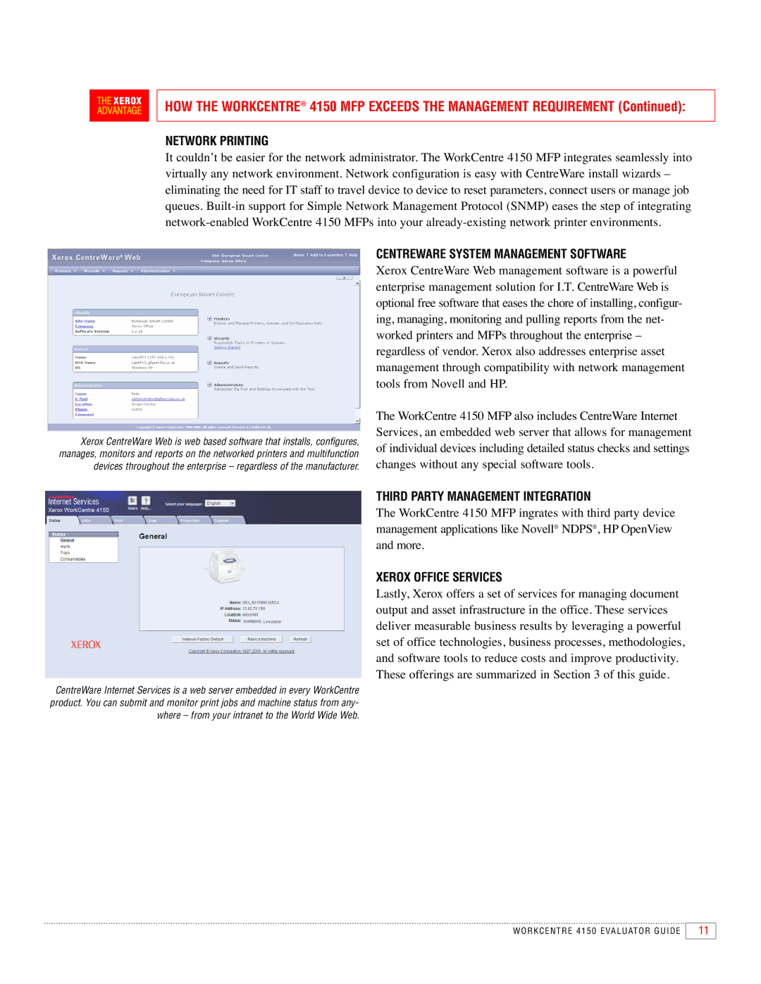 Xerox 4150 manual Network Printing, Centreware System Management Software, Third Party Management Integration 