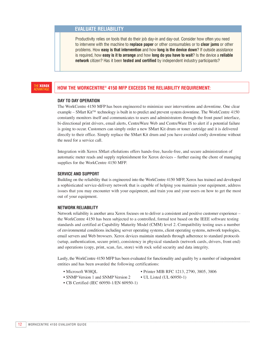 Xerox 4150 manual Evaluate Reliability, DAY to DAY Operation, Service and Support, Network Reliability 