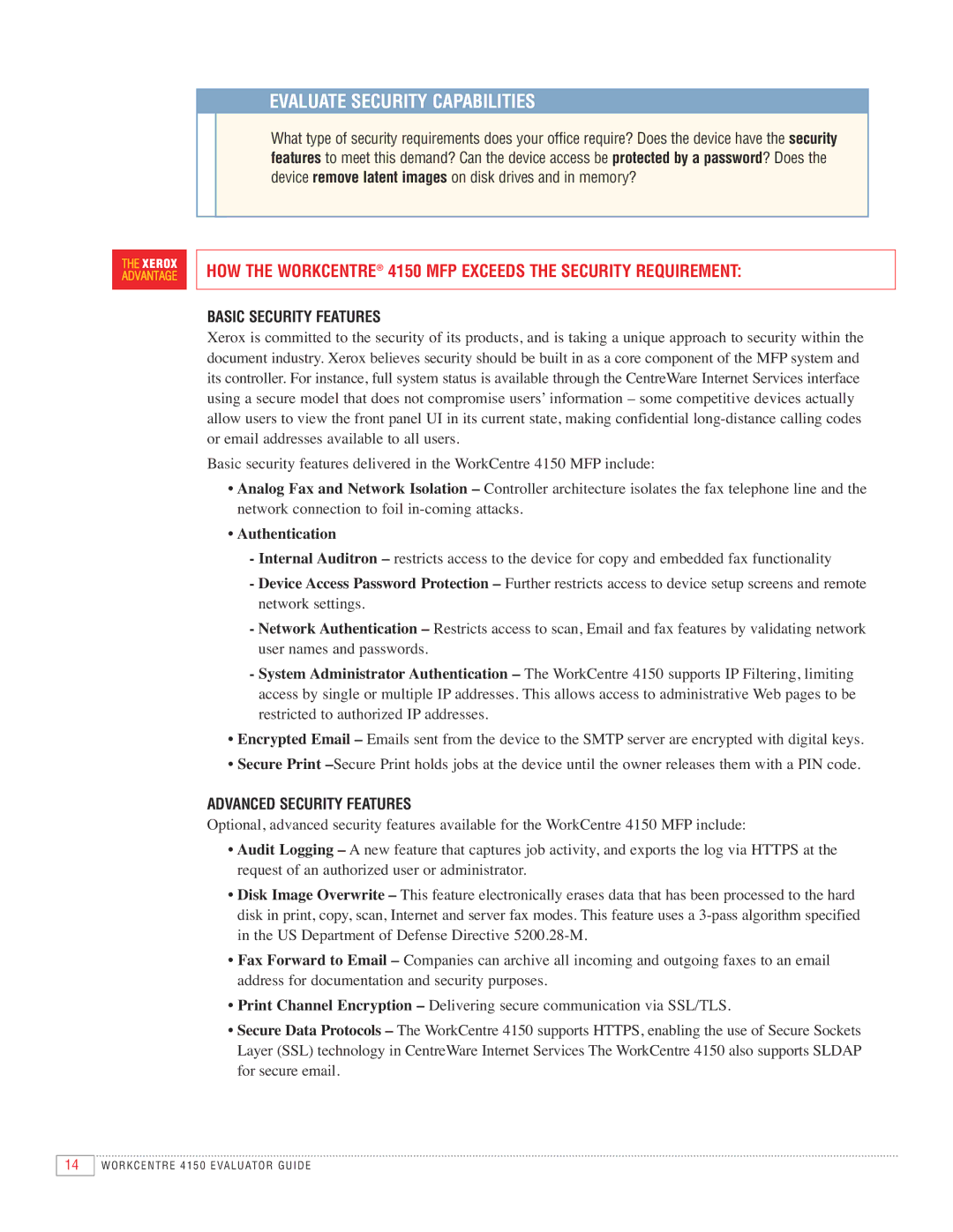 Xerox 4150 manual Evaluate Security Capabilities, Basic Security Features, Advanced Security Features 