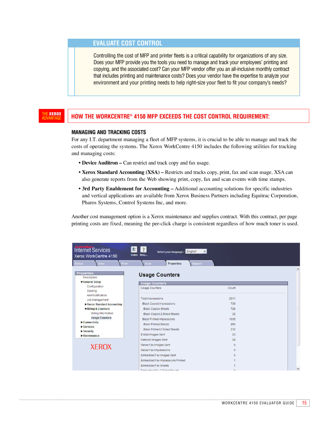 Xerox 4150 manual Evaluate Cost Control, Managing and Tracking Costs 