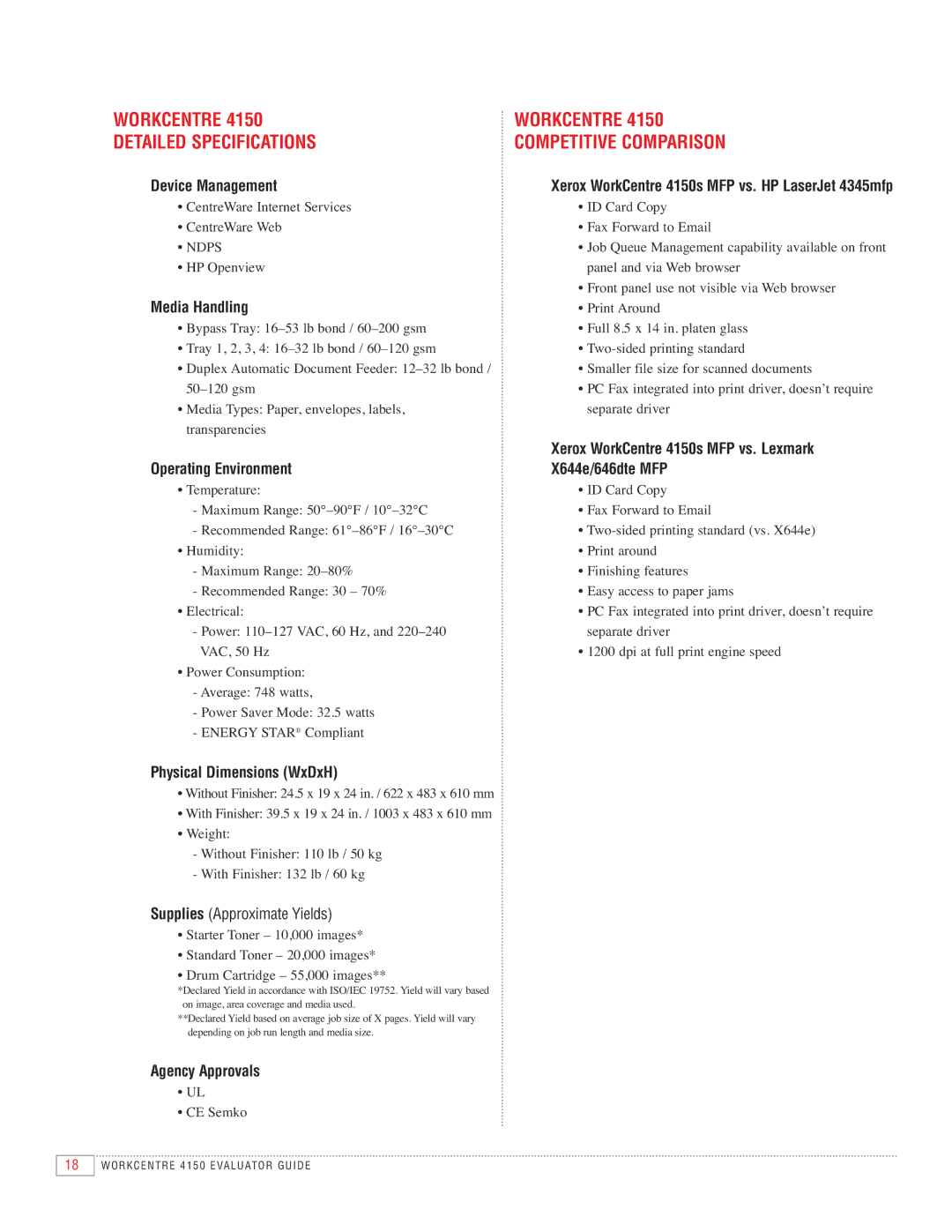 Xerox 4150 manual Workcentre Detailed Specifications, Workcentre Competitive Comparison 