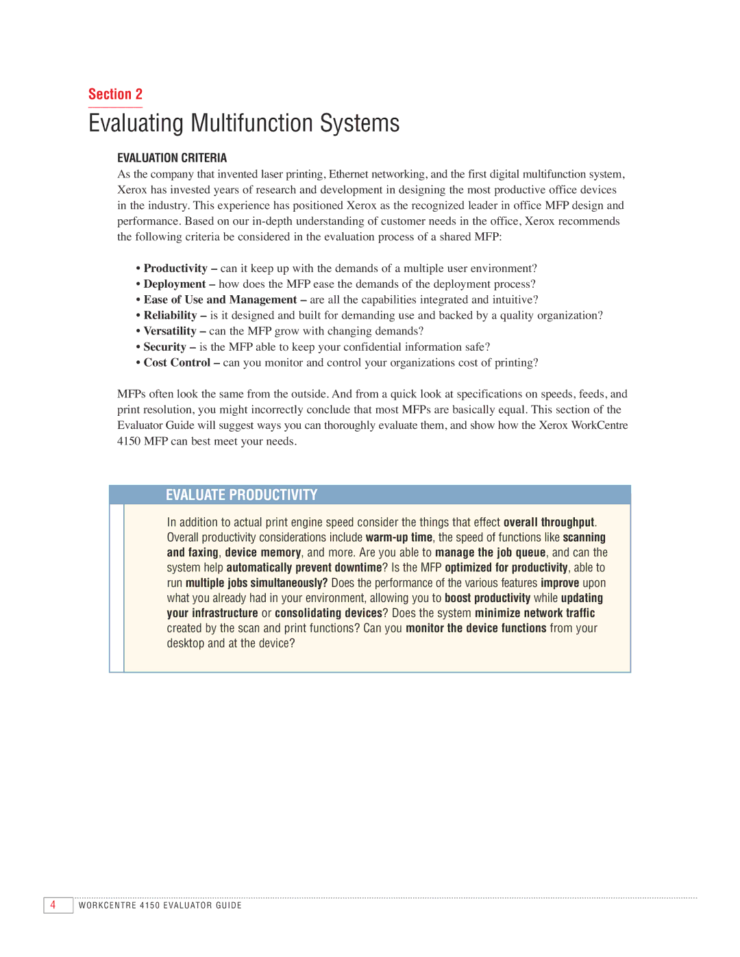 Xerox 4150 manual Evaluate Productivity, Evaluation Criteria 