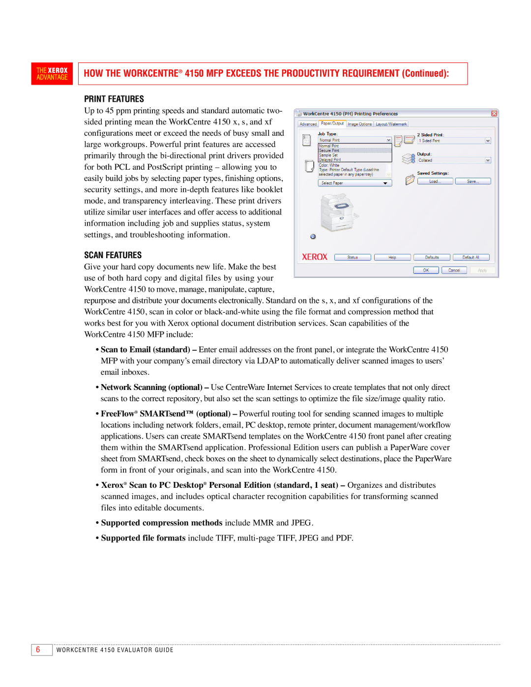 Xerox 4150 manual Print Features, Scan Features 