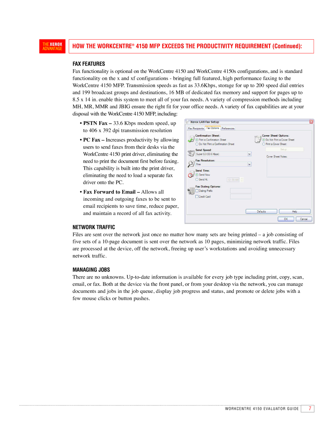 Xerox 4150 manual FAX Features, Network Traffic, Managing Jobs 