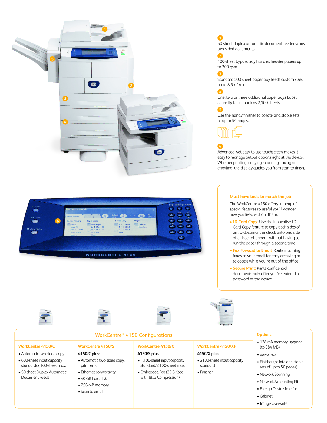 Xerox WorkCentre 4150 Configurations, Must-have tools to match the job, Options WorkCentre 4150/C, WorkCentre 4150/X 