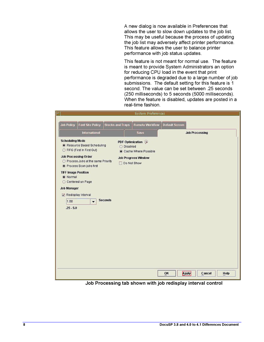 Xerox 4.2, 4.1 manual Job Processing tab shown with job redisplay interval control 