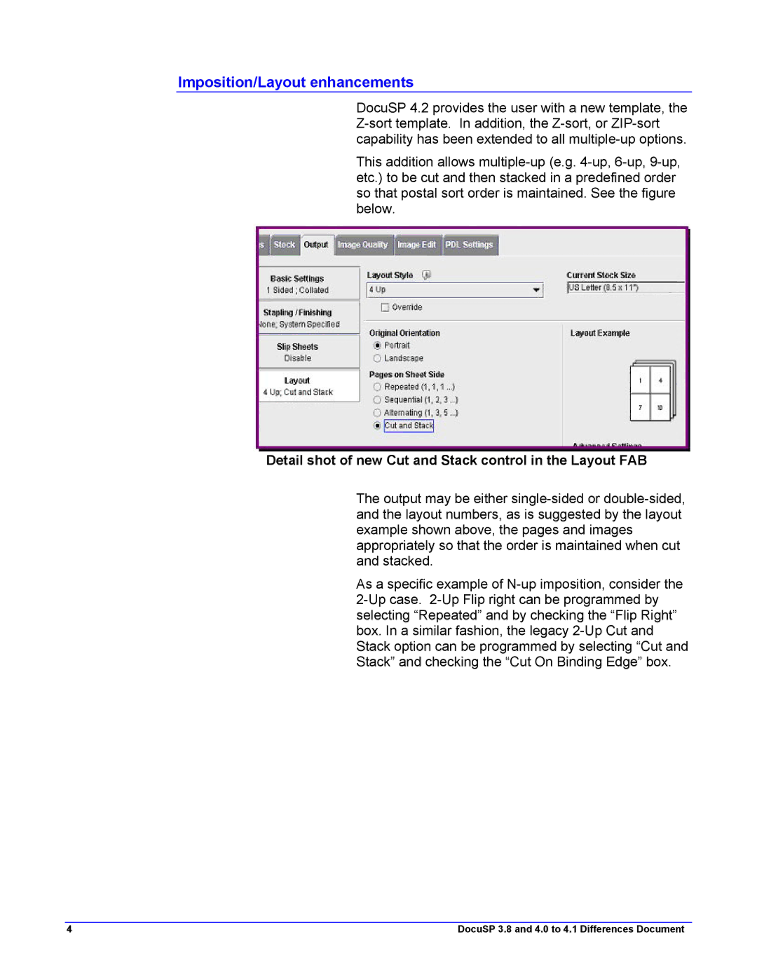 Xerox 4.2, 4.1 manual Imposition/Layout enhancements, Detail shot of new Cut and Stack control in the Layout FAB 