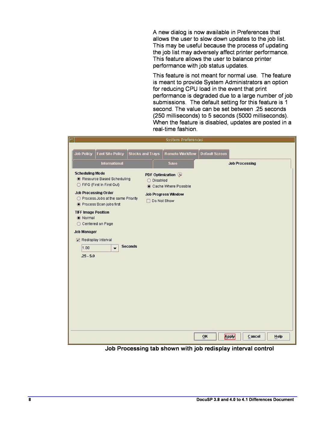 Xerox 4.2, 4.1 manual Job Processing tab shown with job redisplay interval control 