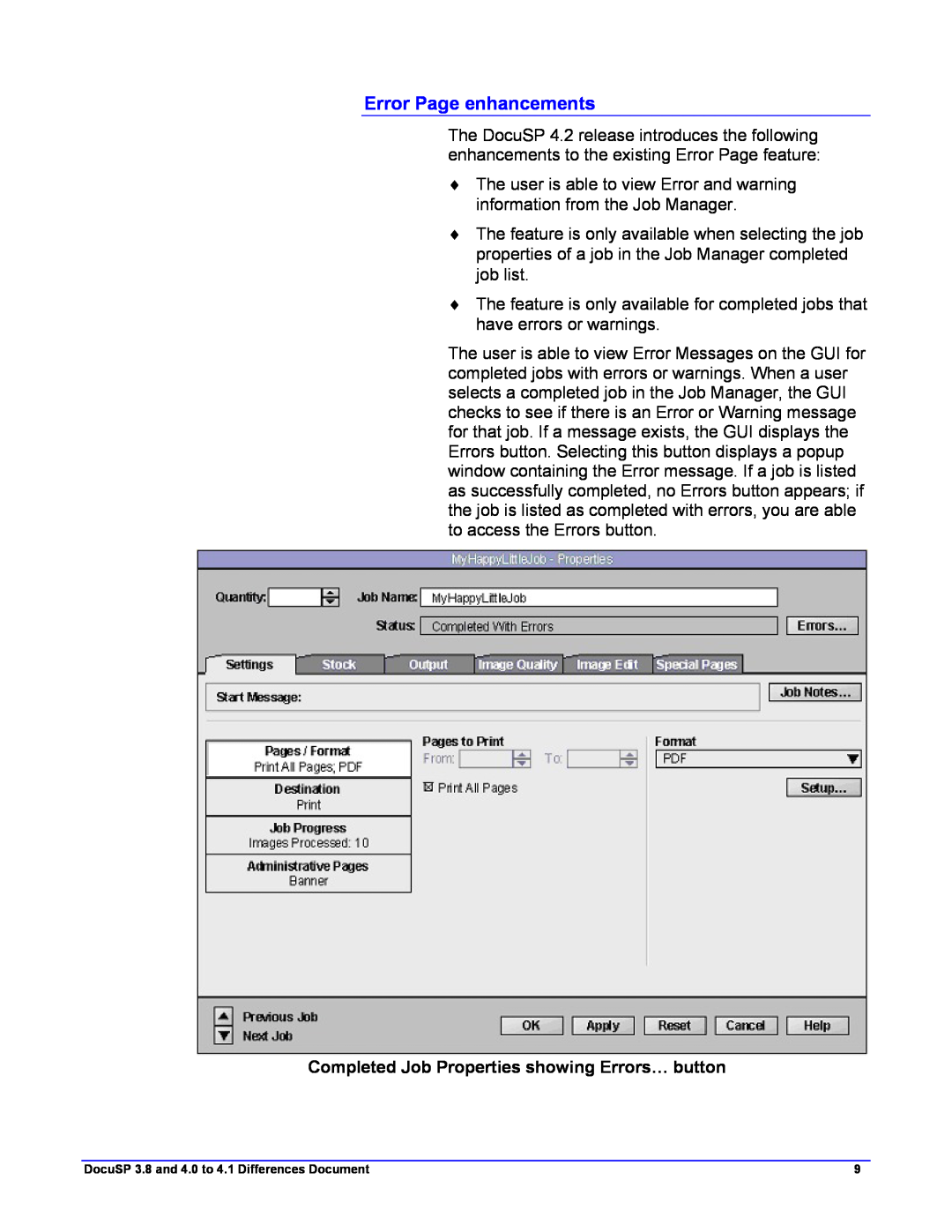 Xerox 4.1, 4.2 manual Error Page enhancements, Completed Job Properties showing Errors… button 