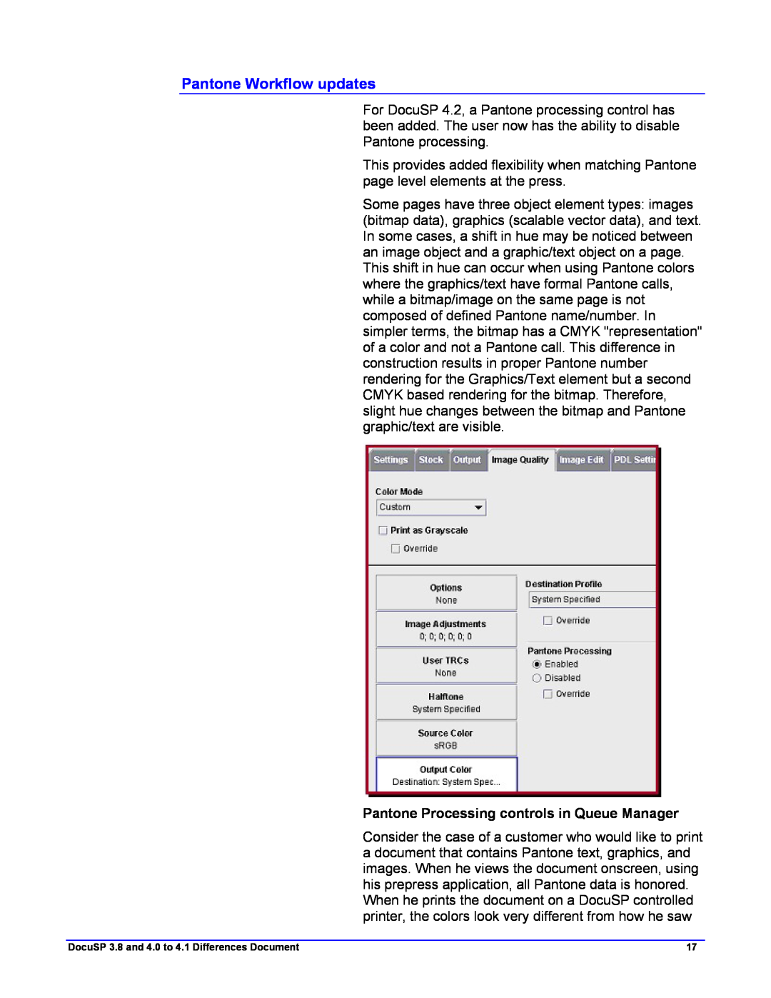 Xerox 4.1, 4.2 manual Pantone Workflow updates, Pantone Processing controls in Queue Manager 