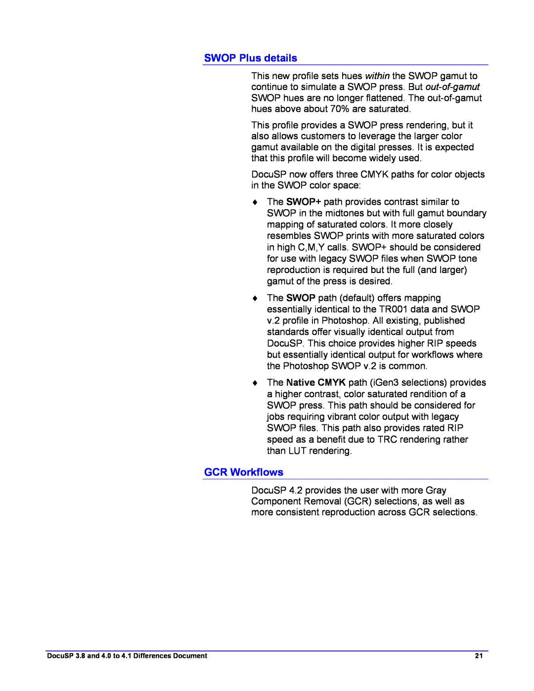 Xerox 4.1, 4.2 manual SWOP Plus details, GCR Workflows 