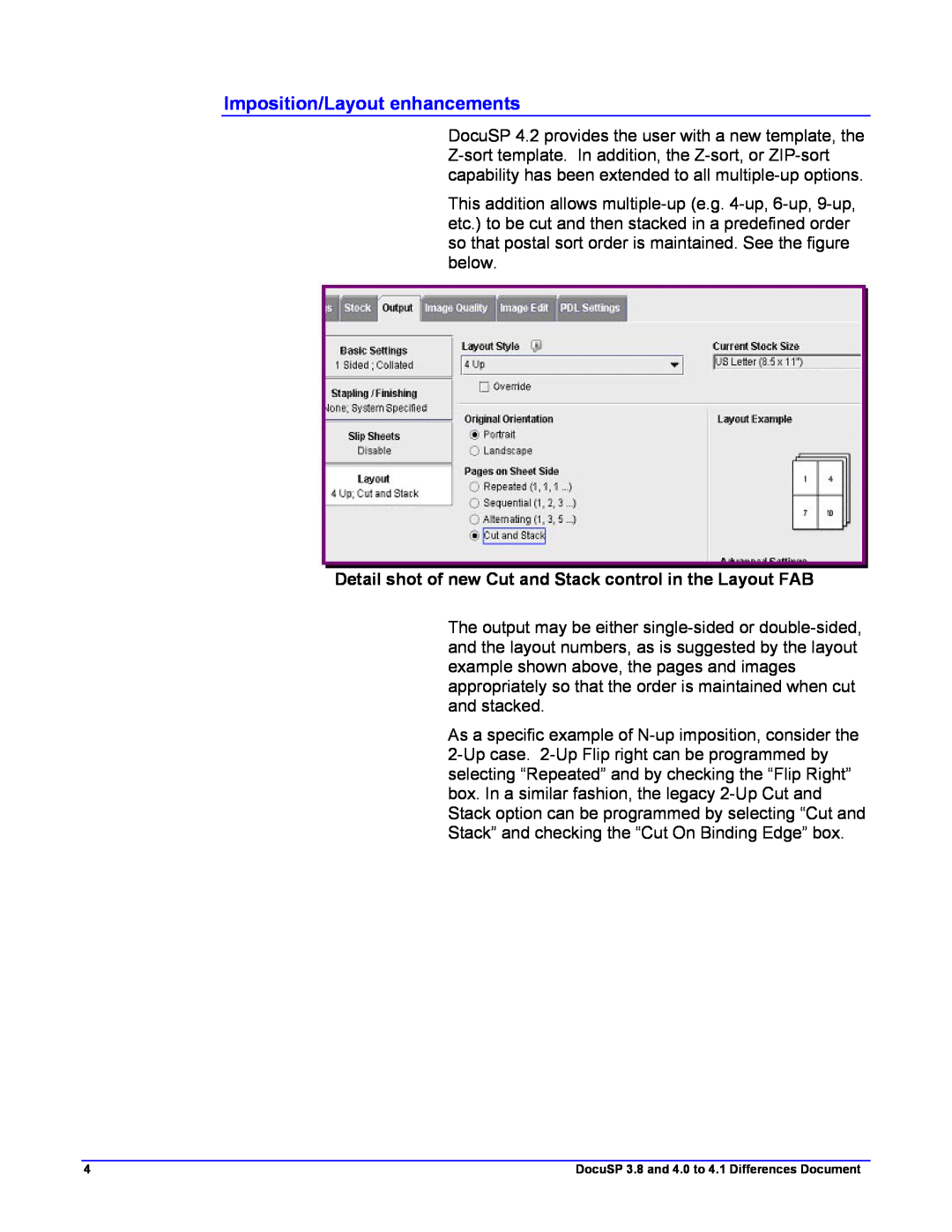 Xerox 4.2, 4.1 manual Imposition/Layout enhancements, Detail shot of new Cut and Stack control in the Layout FAB 
