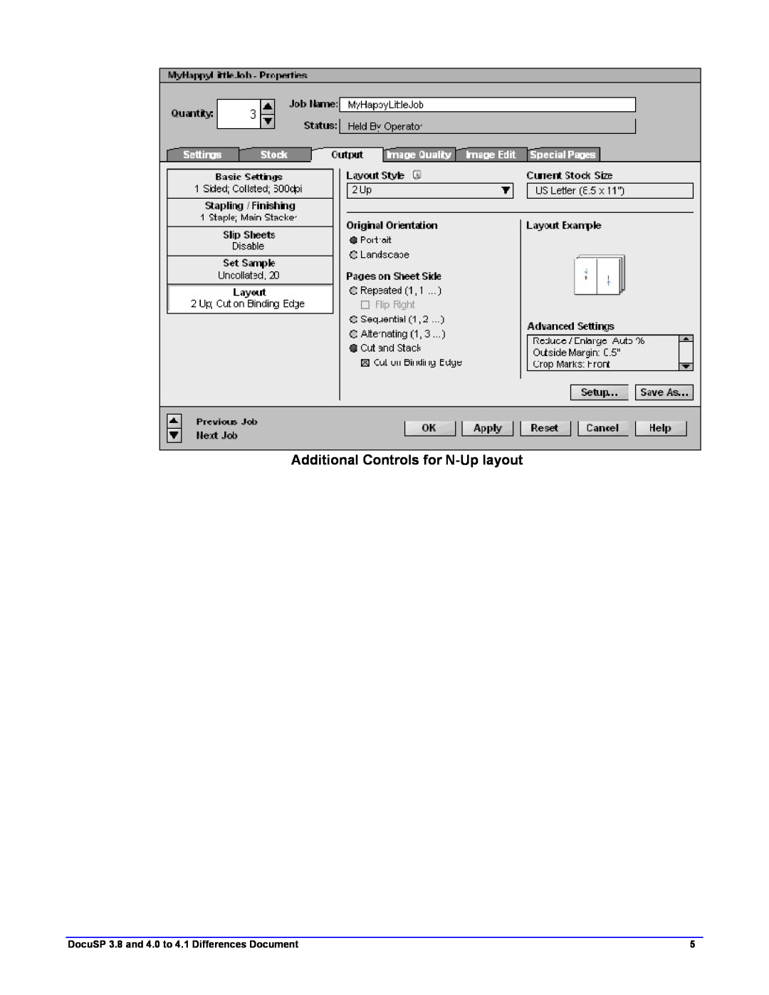 Xerox 4.2 manual Additional Controls for N-Up layout, DocuSP 3.8 and 4.0 to 4.1 Differences Document 