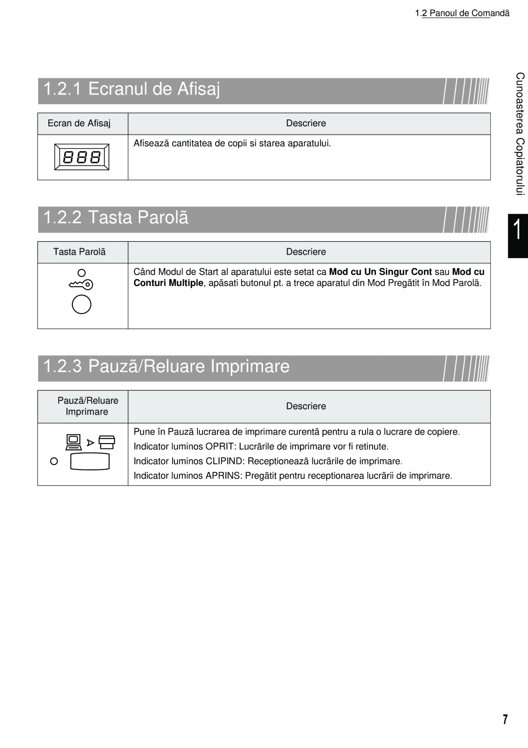 Xerox 420 manual Ecranul de Afisaj, Tasta Parolã, Pauzã/Reluare Imprimare 