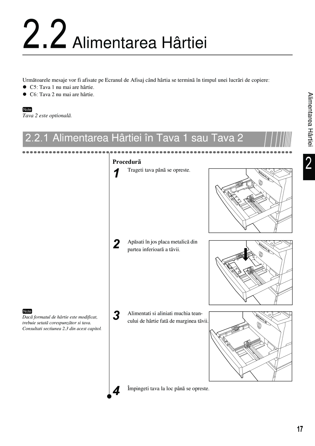 Xerox 420 manual 2Alimentarea Hârtiei, Alimentarea Hârtiei în Tava 1 sau Tava 