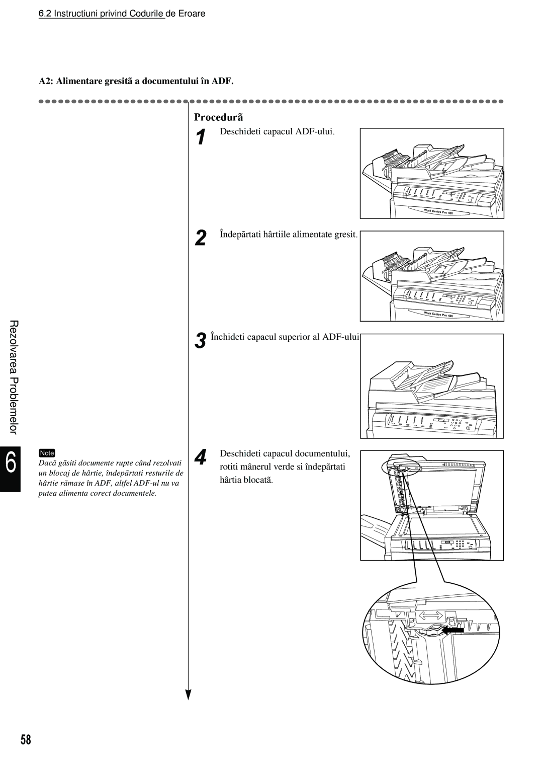 Xerox 420 manual A2 Alimentare gresitã a documentului în ADF 
