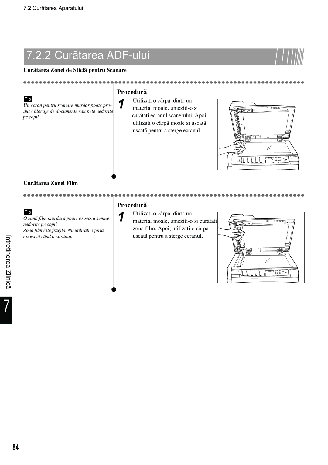 Xerox 420 manual 2 Curãtarea ADF-ului, Curãtarea Zonei de Sticlã pentru Scanare, Curãtarea Zonei Film 