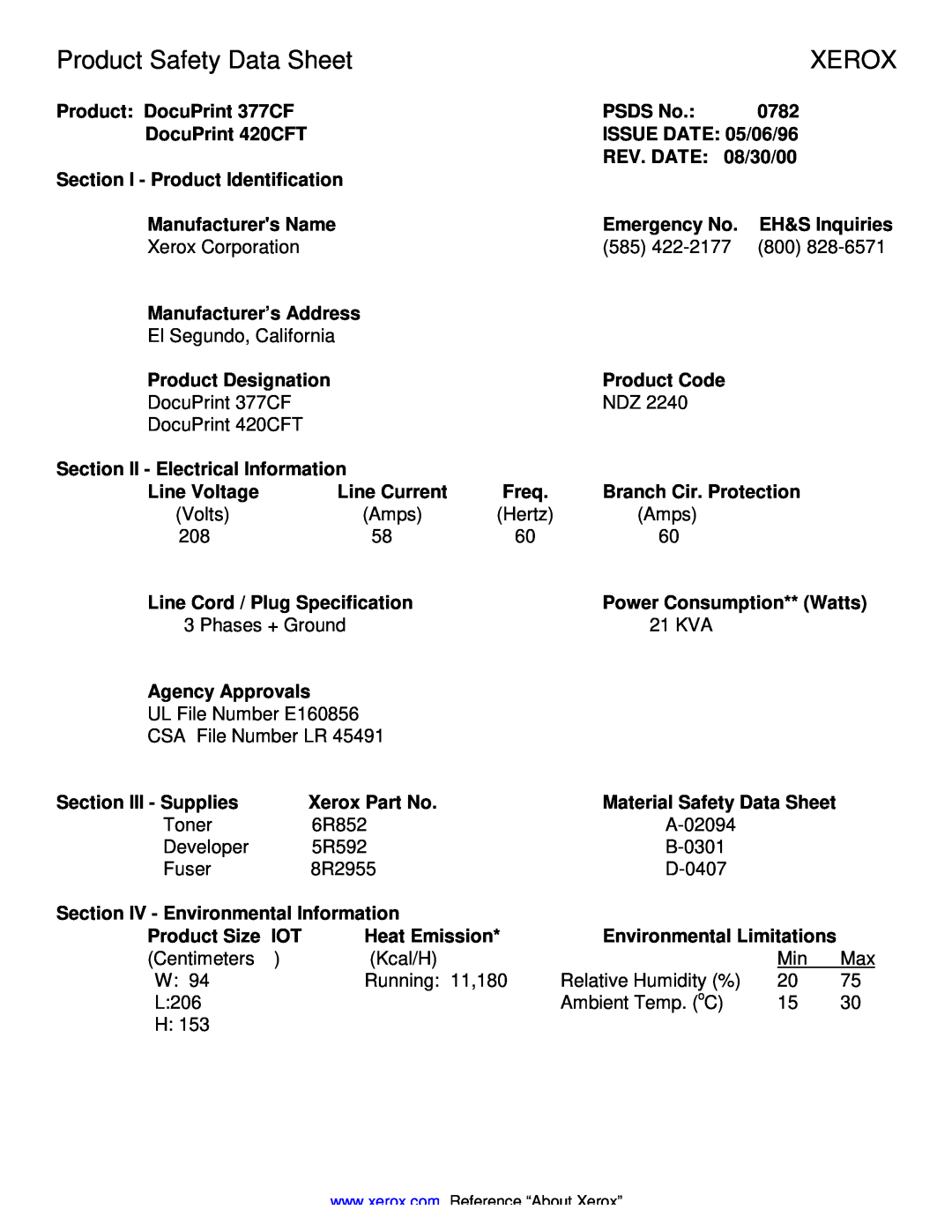 Xerox 377CF, 420CFT manual Product Safety Data Sheet, Xerox 