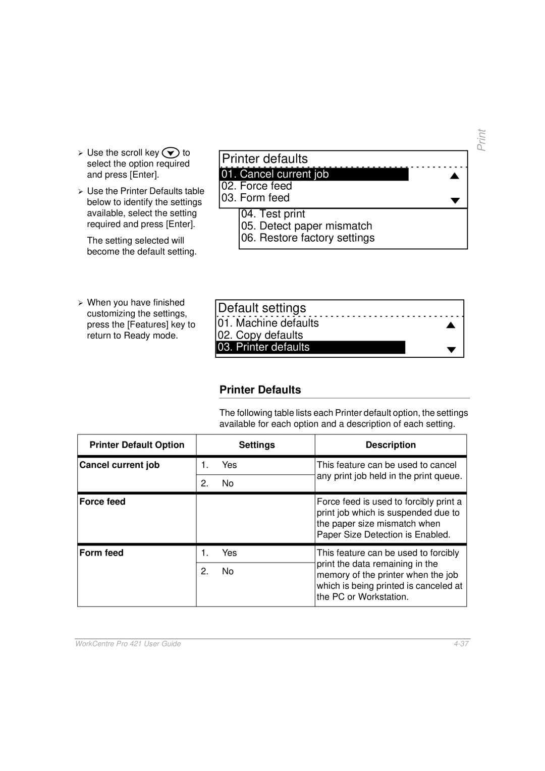 Xerox 421 manual Printer Defaults, Force feed, Form feed 