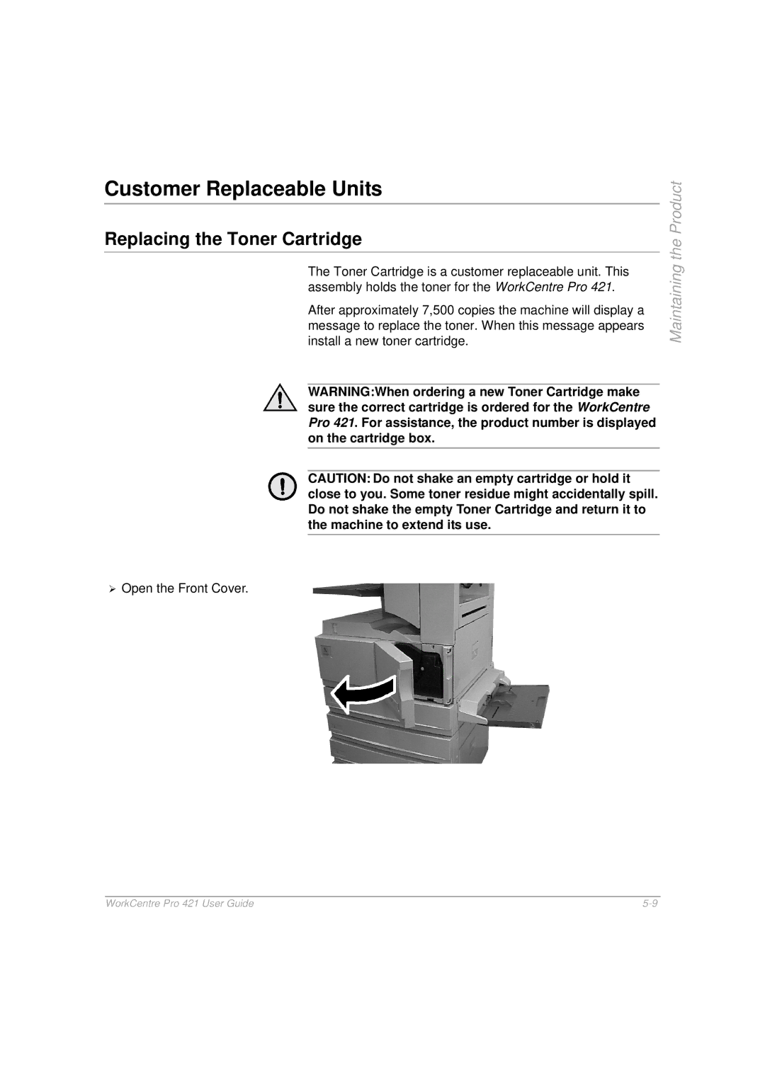 Xerox 421 manual Customer Replaceable Units, Replacing the Toner Cartridge 