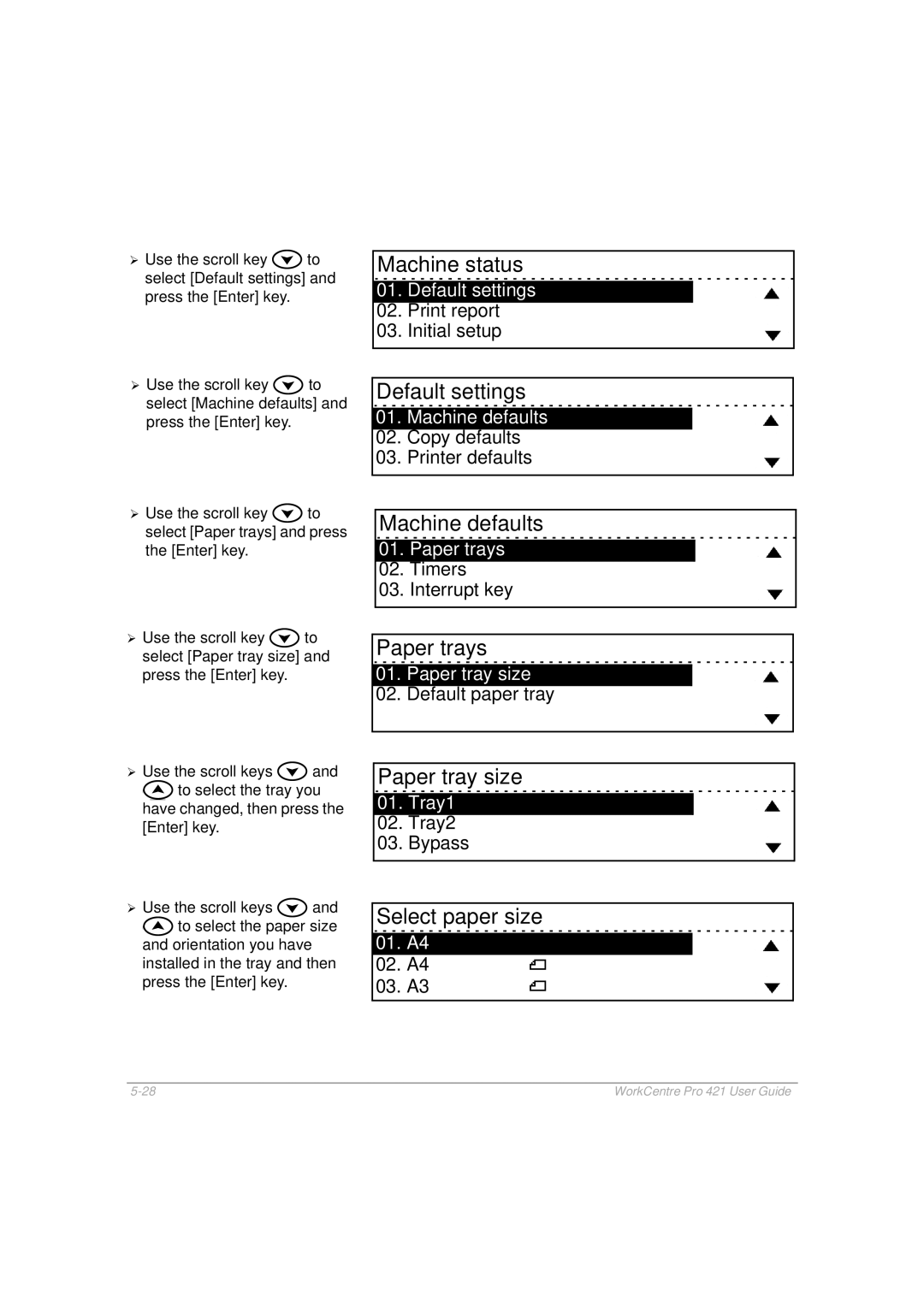 Xerox 421 manual Machine defaults, Paper trays, Paper tray size, Select paper size 