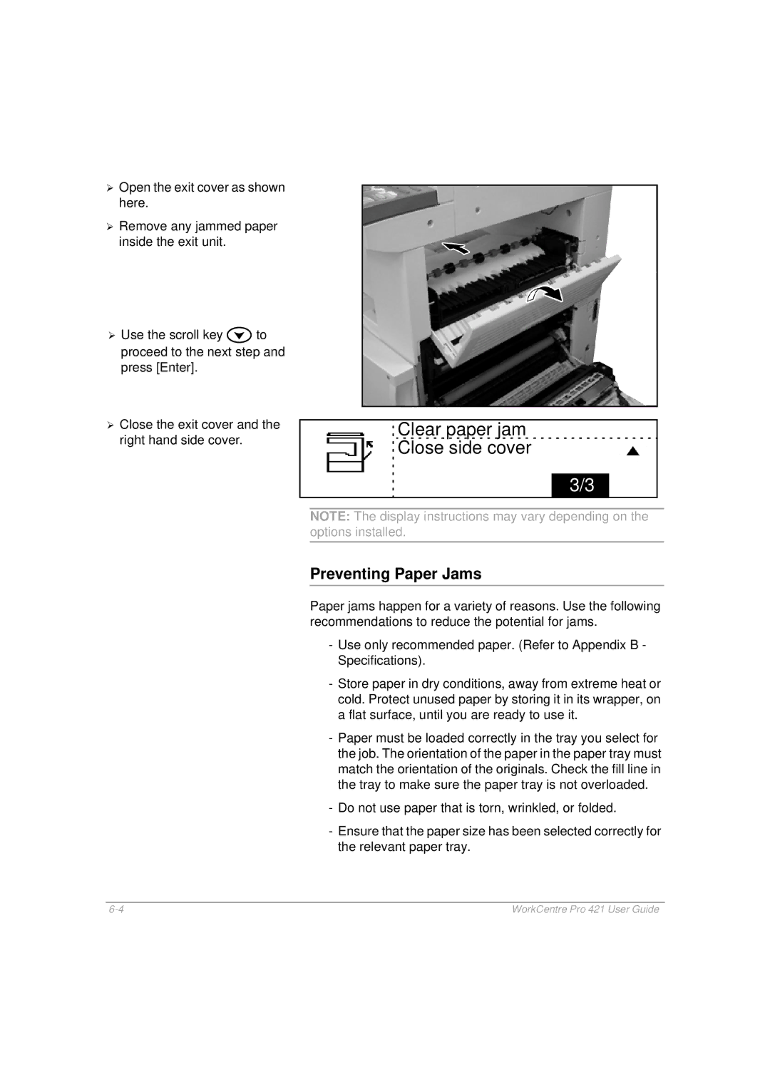 Xerox 421 manual Clear paper jam Close side cover, Preventing Paper Jams 