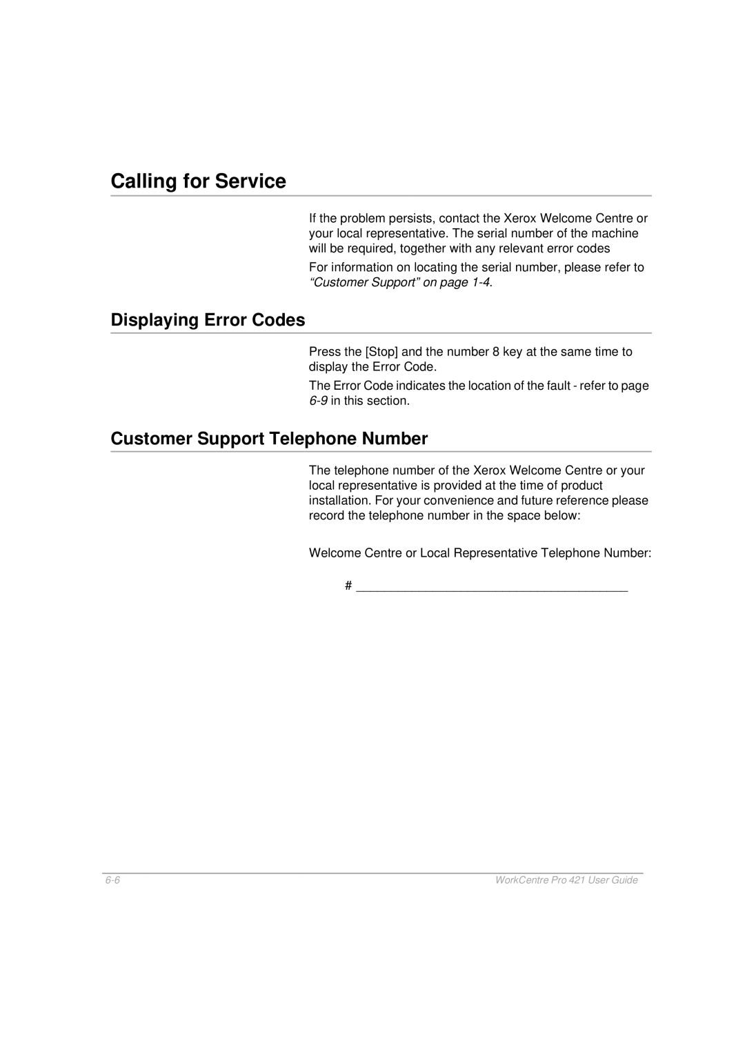 Xerox 421 manual Calling for Service, Displaying Error Codes, Customer Support Telephone Number 