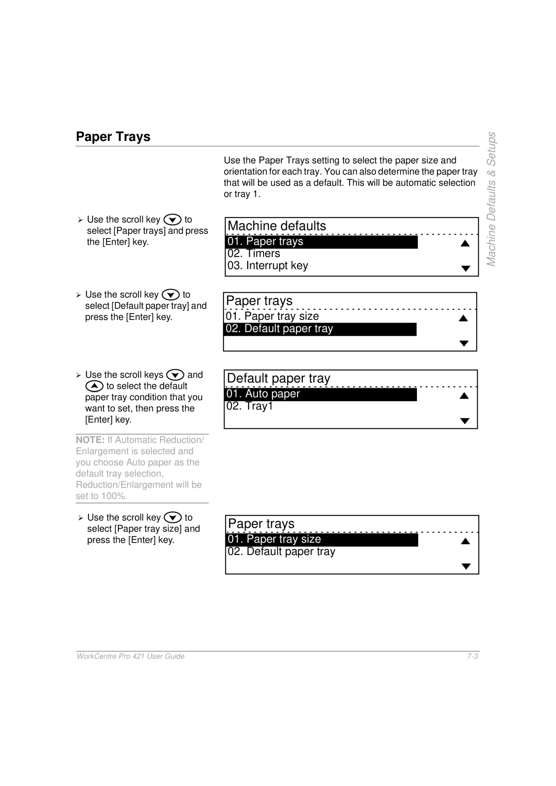 Xerox 421 manual Paper Trays, Default paper tray, Auto paper 