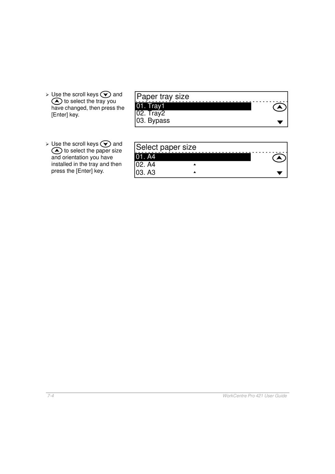 Xerox 421 manual Paper tray size 