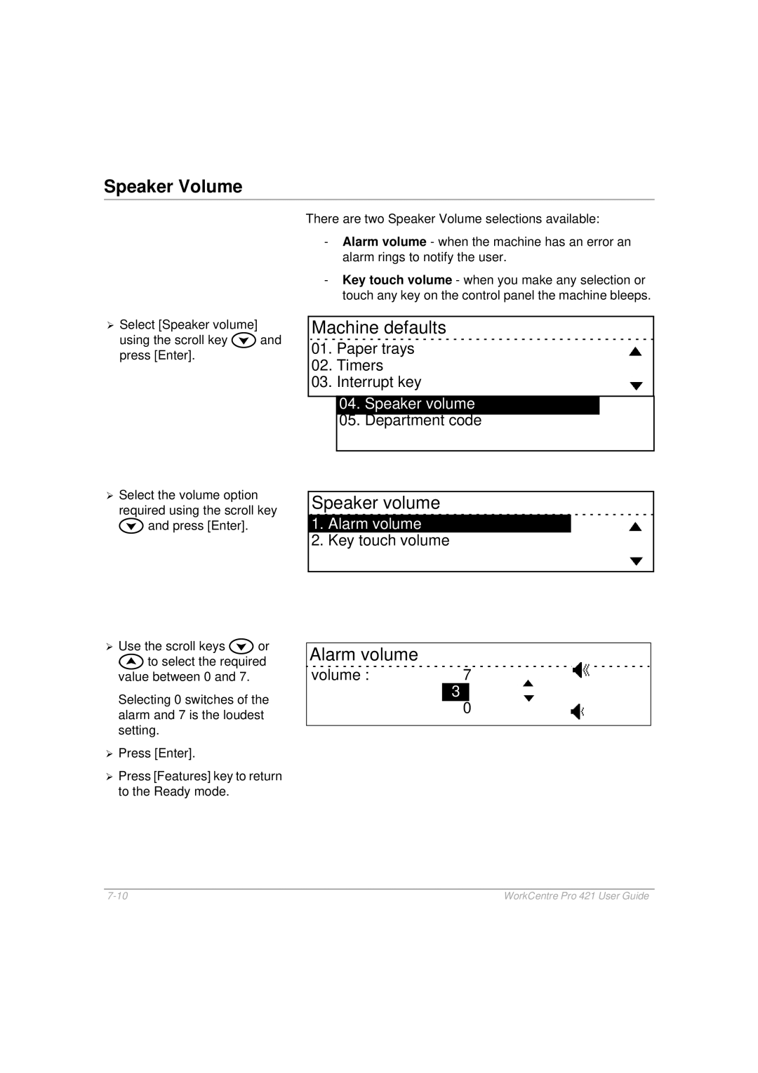 Xerox 421 manual Speaker Volume, Speaker volume, Alarm volume 