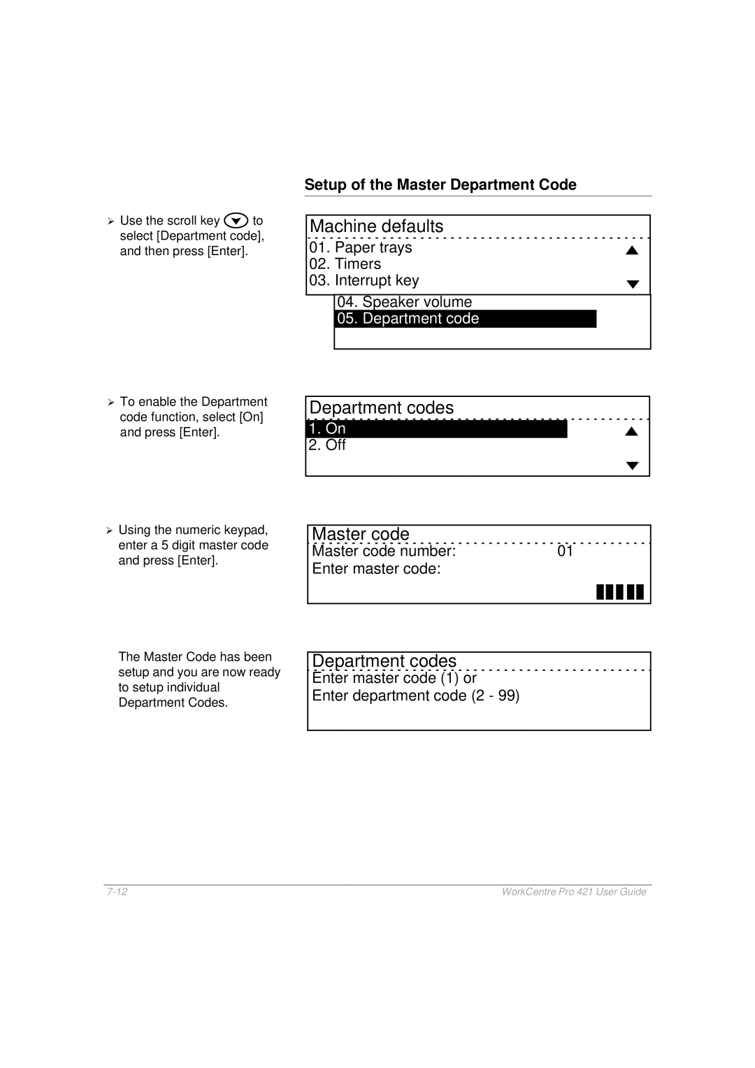 Xerox 421 manual Department codes, Master code, Setup of the Master Department Code 