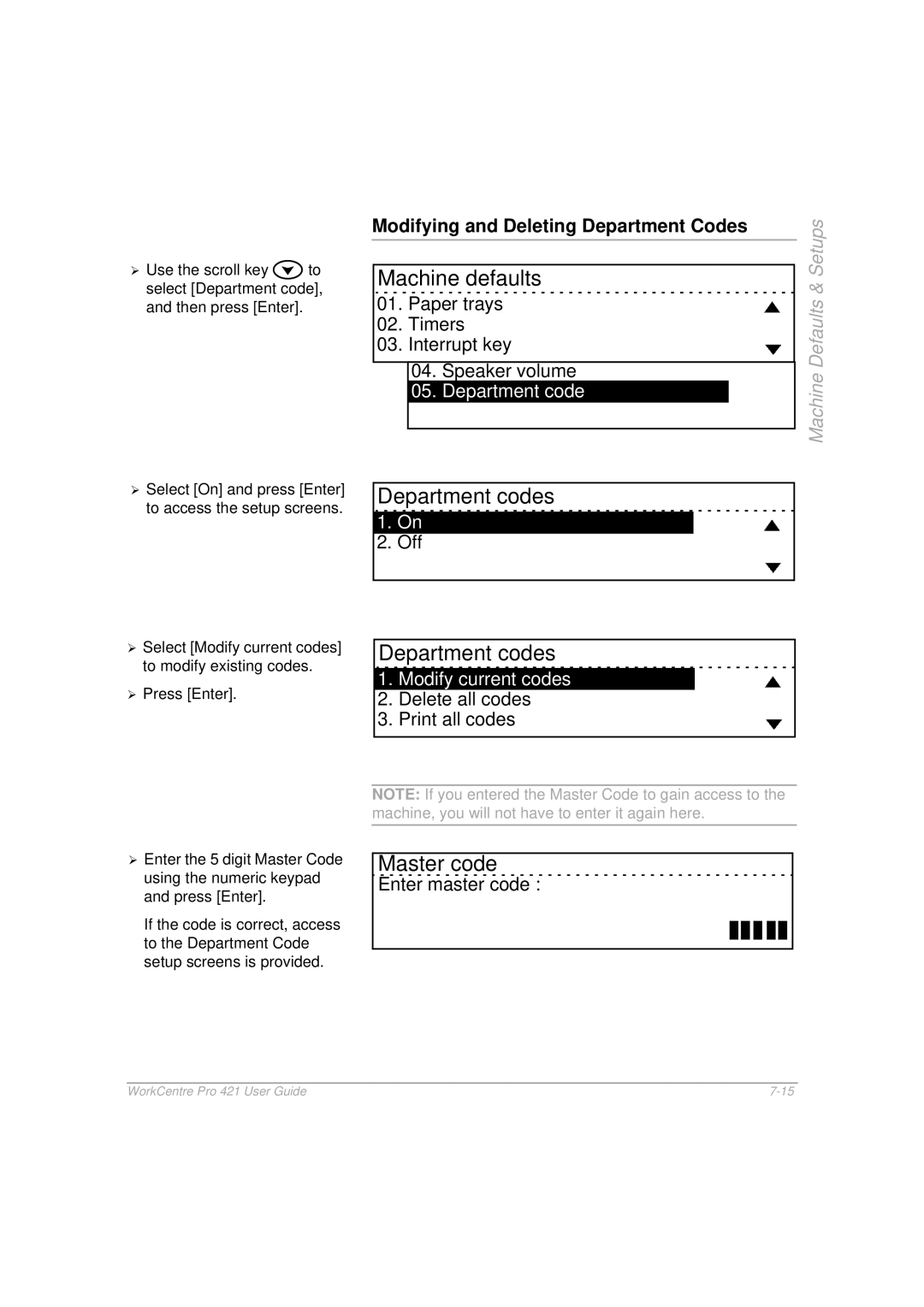 Xerox 421 manual Modifying and Deleting Department Codes 