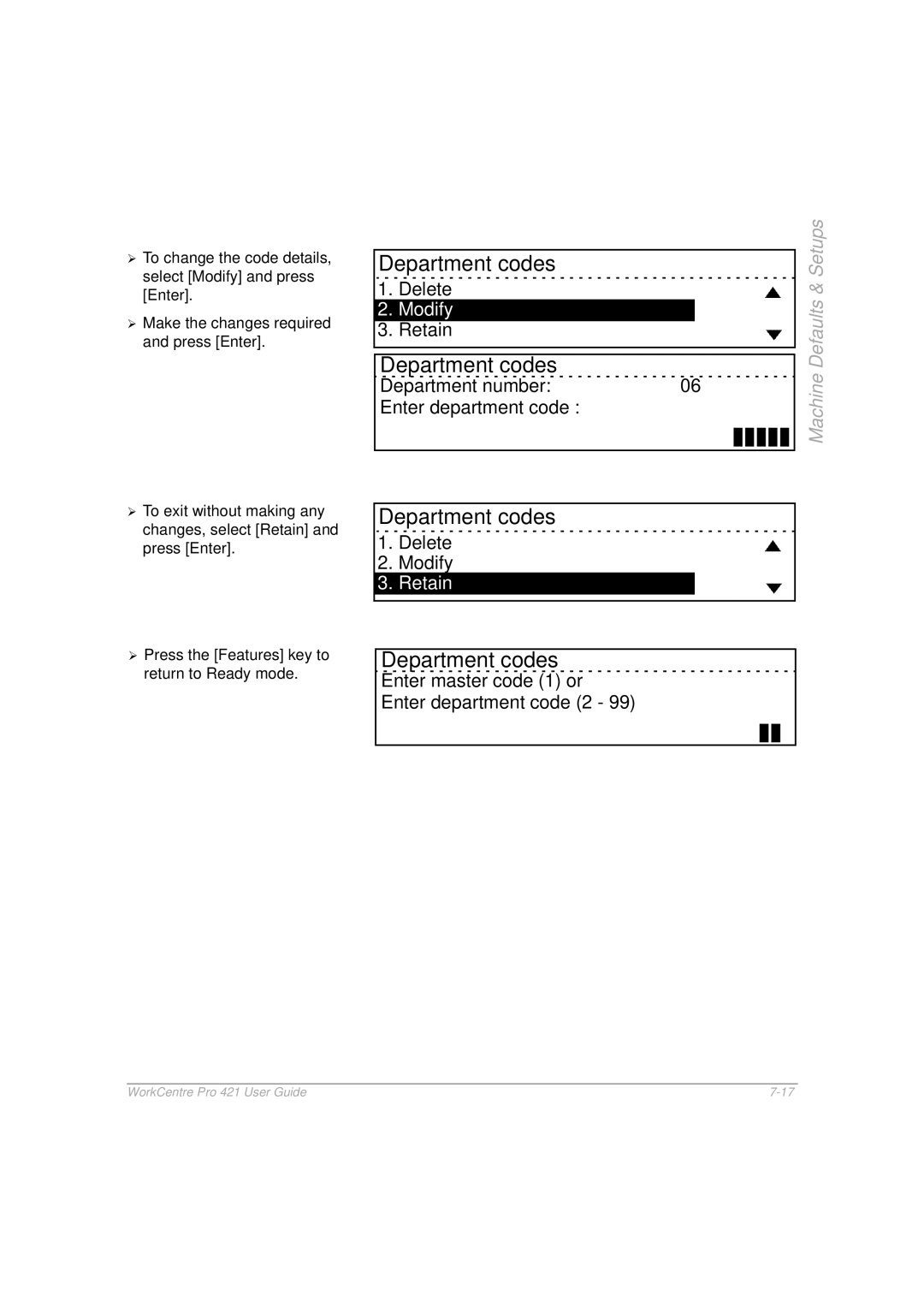 Xerox 421 manual Department number Enter department code, Delete Modify, Retain 