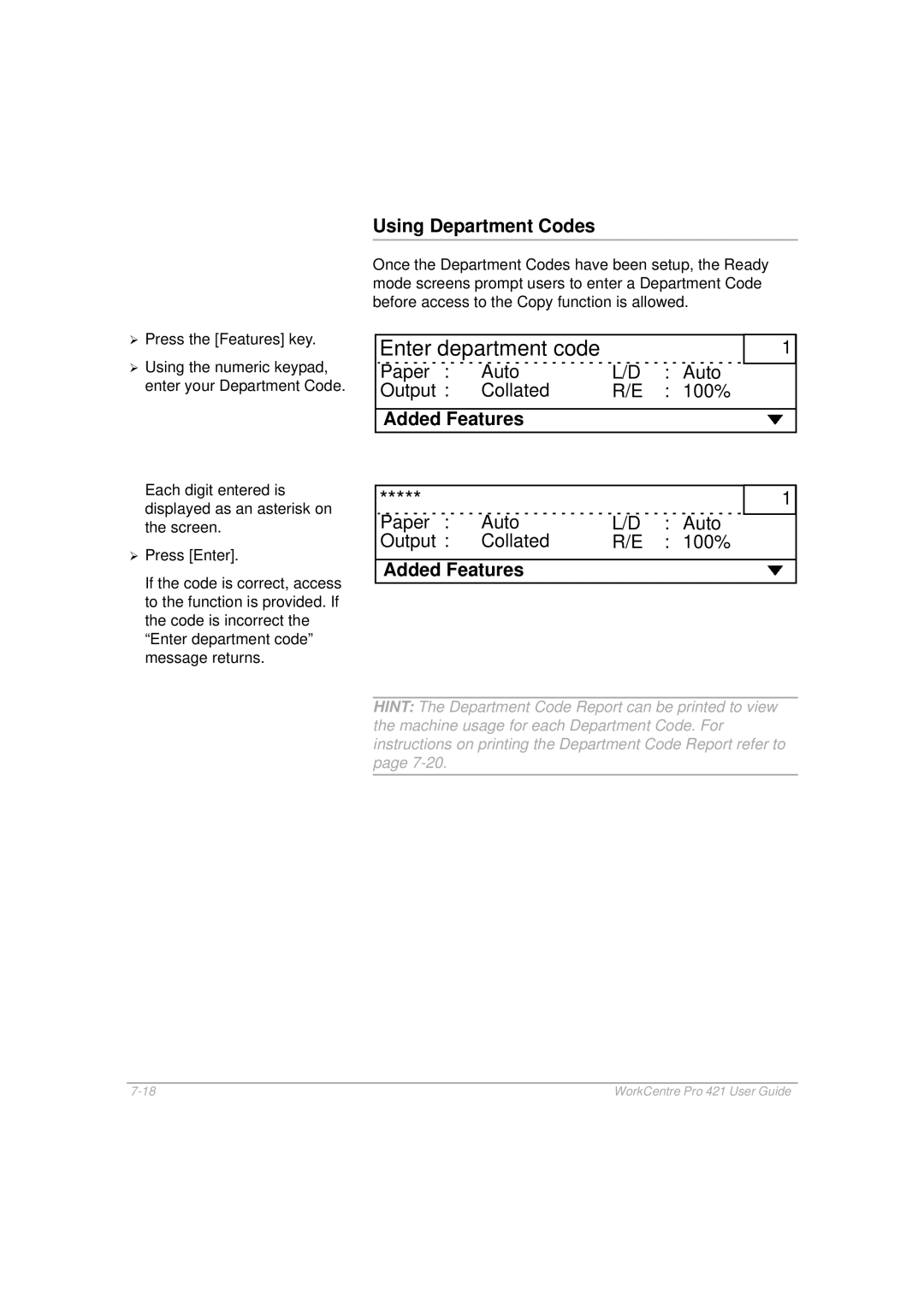 Xerox 421 manual Enter department code, Using Department Codes 