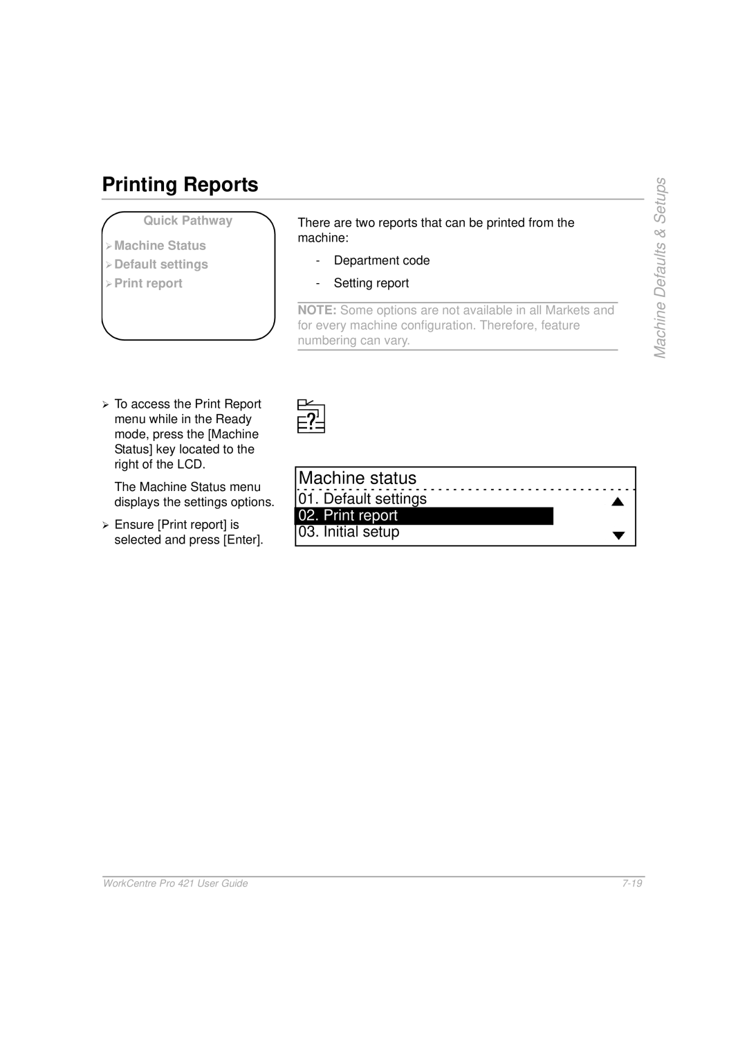 Xerox 421 manual Printing Reports, Default settings, Print report 