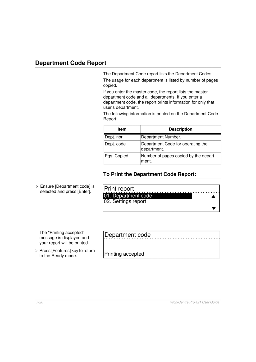Xerox 421 manual Print report, Department code, To Print the Department Code Report, Settings report 