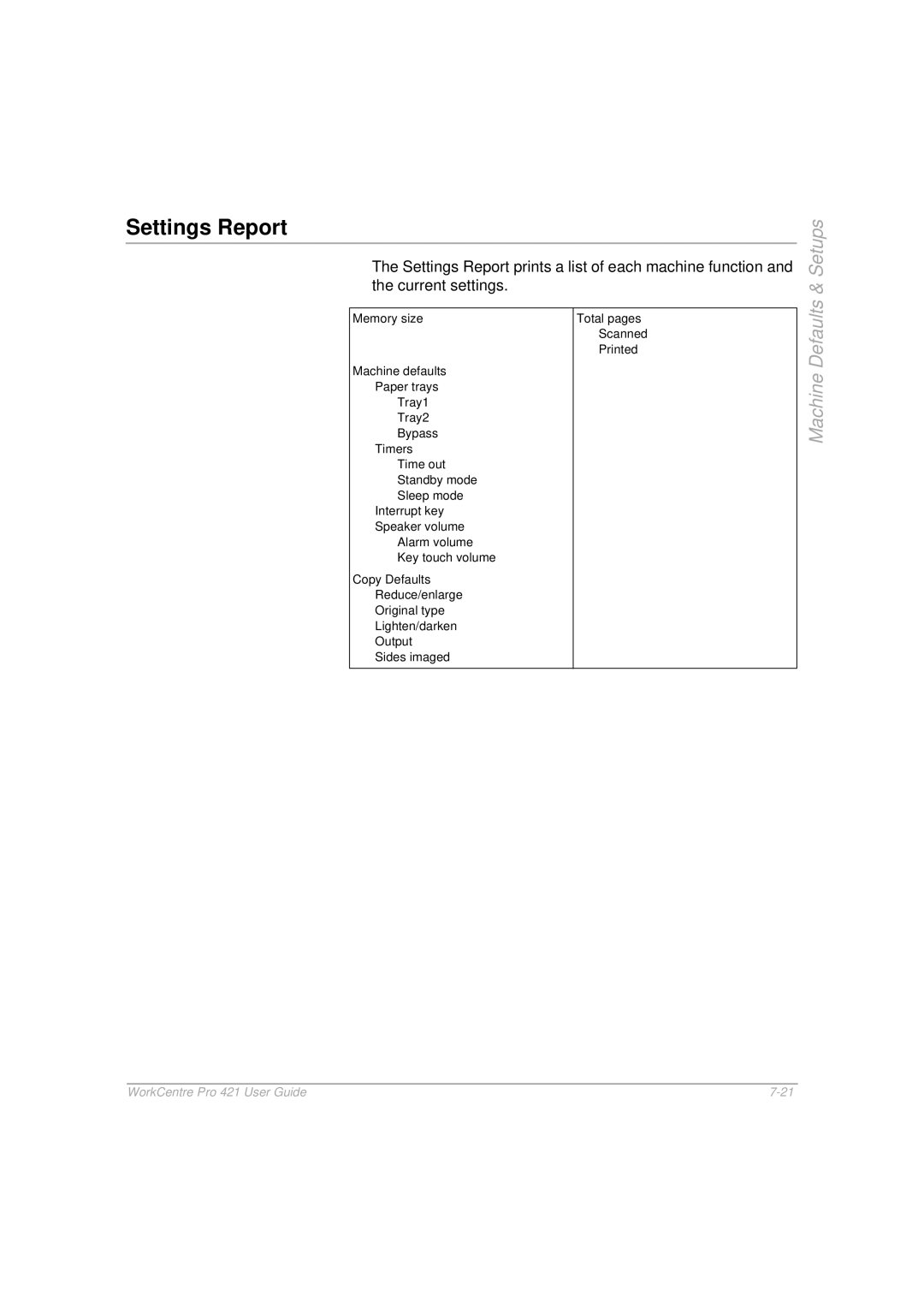 Xerox 421 manual Settings Report 