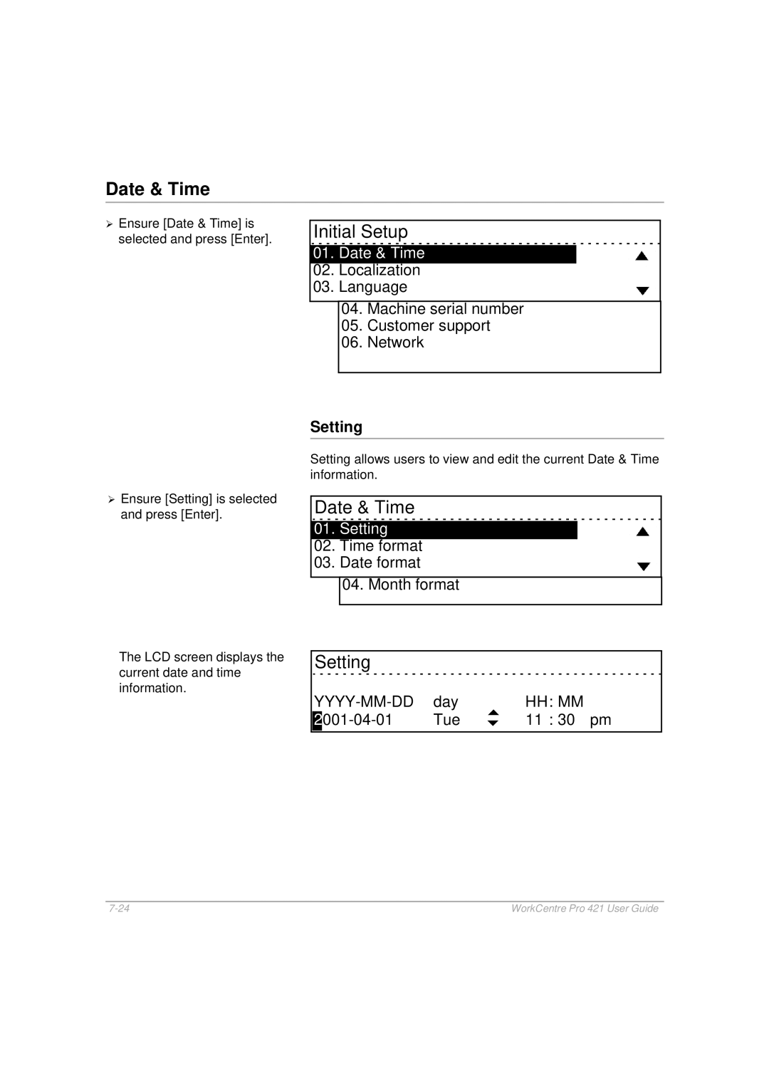 Xerox 421 manual Date & Time, Initial Setup, Setting 